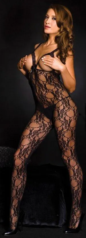 Black Lace Open Bust Crotchless Bodystocking - One Size Available