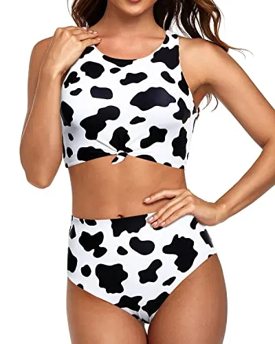 Full Coverage High Waist Bikini Sporty Two Piece Swimsuits-Black And White Cow Pattern1