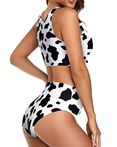 Full Coverage High Waist Bikini Sporty Two Piece Swimsuits-Black And White Cow Pattern1