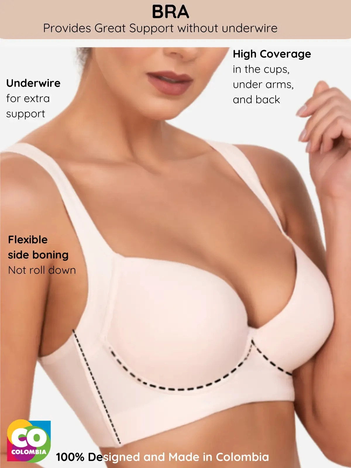 Underwire Support Bra with High Coverage and Flexible Side Boning | No Roll Down | Made in Colombia